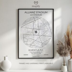 Framed art print featuring Juventus Stadium Map, offering a balance of simplicity and sentiment