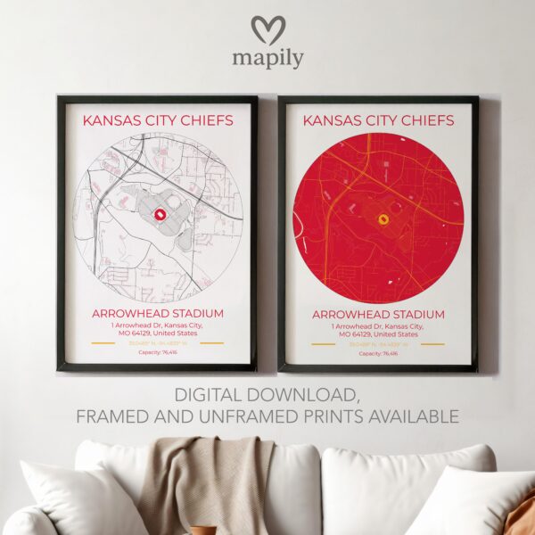 Framed and refined artwork of Kansas City Chiefs Stadium Map, designed for stylish interiors