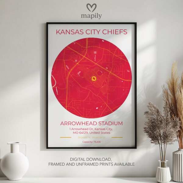 Elegant framed artwork showcasing Kansas City Chiefs Stadium Map, perfect for a statement wall