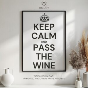 Elegant black-and-white framed print Keep Calm Pass Wine, great for contemporary living rooms or hallways
