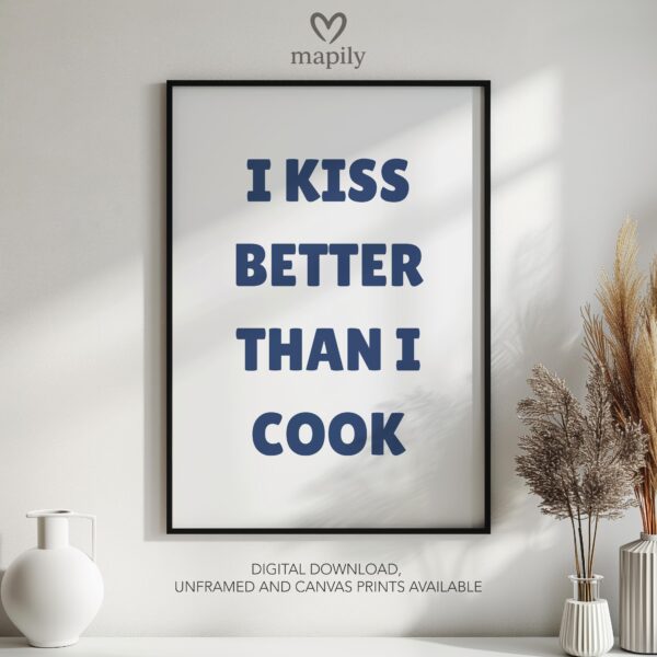 Clean and modern typography artwork Kiss Cook, ideal for home office inspiration