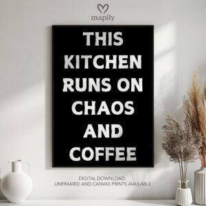 Sleek and stylish framed wall print featuring a bold, artistic statement Kitchen Chaos, perfect for modern decor lovers