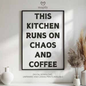 Minimalist framed art print with a clean and sophisticated design Kitchen Chaos, blending seamlessly into any space