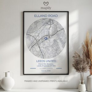 Modern wall art design featuring Leeds United Stadium Map, created with clean lines and style