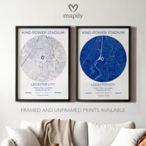 Framed and refined artwork of Leicester City Stadium Map, designed for stylish interiors