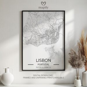Framed and refined artwork of Lisbon Map, designed for stylish interiors