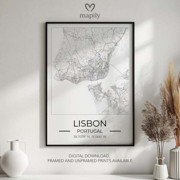 Clean and bold design showcasing Lisbon City Map, ideal for a gallery wall