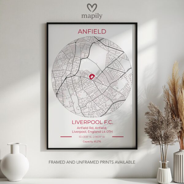 Custom-designed art print Liverpool Stadium Map, capturing a meaningful place or moment