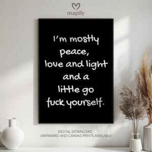 Understated modern quote design I'm Mostly Peace And A Little Bit Of Go Fuck Yourself, blending bold type with clean simplicity