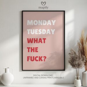 Framed quote artwork Monday Tuesday What The Fuck with clean lines and a modern visual balance