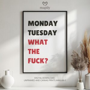 Framed modern wall art Monday Tuesday What The Fuck, perfect for those who love bold and expressive interiors