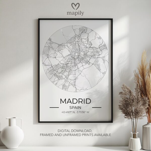 Contemporary print featuring Madrid City Map, designed for stylish living spaces