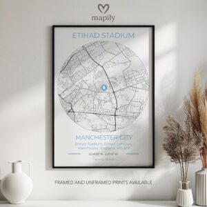 Contemporary print featuring Man City Stadium Map, designed for stylish living spaces