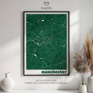Sleek map-inspired artwork of Manchester Map, designed to complement your space