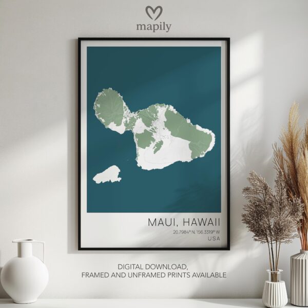 Personalised wall decor print Maui Map, crafted with thoughtful design