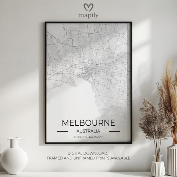 Clean and bold design showcasing Melbourne Map, ideal for a gallery wall