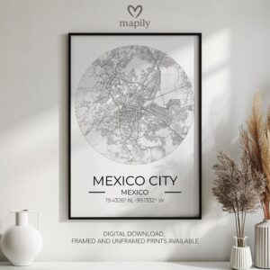 Tasteful art piece Mexico City Map, created to celebrate location and memory