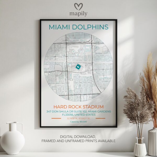 Contemporary print featuring Miami Dolphins Stadium Map, designed for stylish living spaces