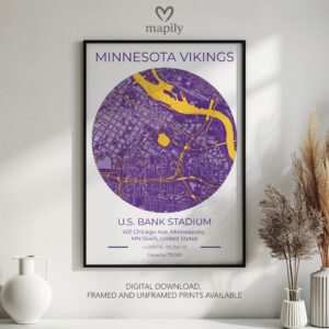 Clean and bold design showcasing Minnesota Vikings Stadium Map, ideal for a gallery wall