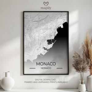 Framed modern design print Monaco Map, created with visual clarity and purpose