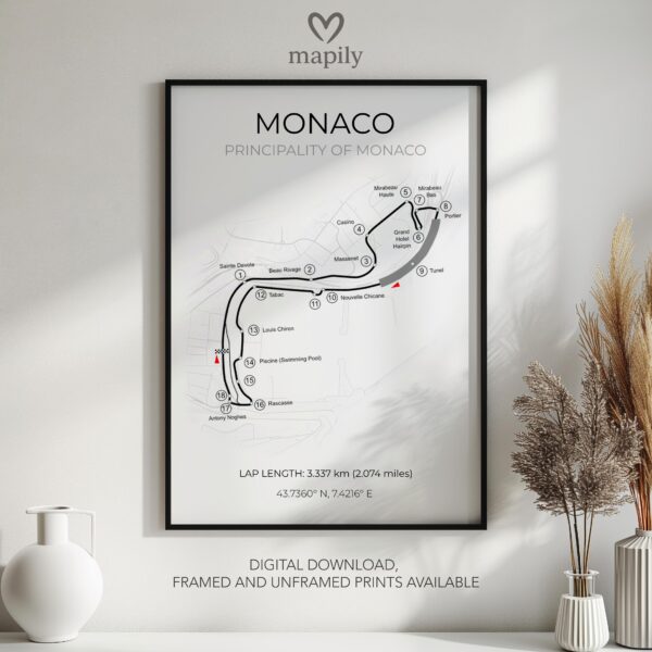 Framed modern design print Monaco F1, created with visual clarity and purpose