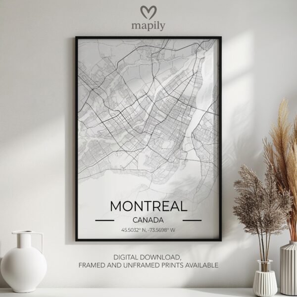 Striking graphic representation of Montreal Map, designed to complement modern decor