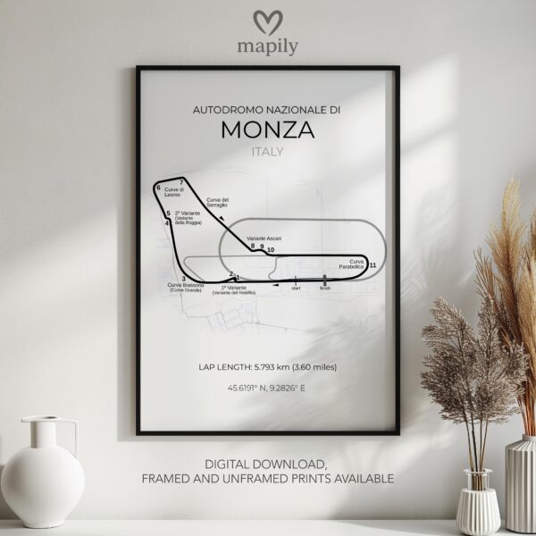 Framed and refined artwork of Monza F1, designed for stylish interiors