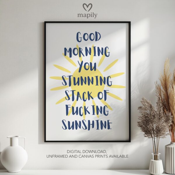 Minimalist black framed wall art print featuring bold typography and a stylish design Morning Sunshine