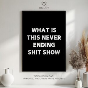 Stylish monochrome framed print with a clean and modern aesthetic What Is This Never Ending Shit Show, perfect for contemporary decor