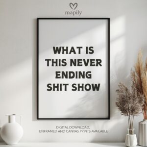 Modern framed wall art piece featuring a simple yet elegant design What Is This Never Ending Shit Show, suited for any interior style
