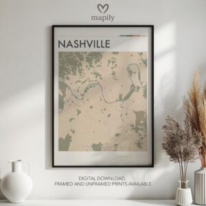 Framed art print featuring Nashville Map, offering a balance of simplicity and sentiment