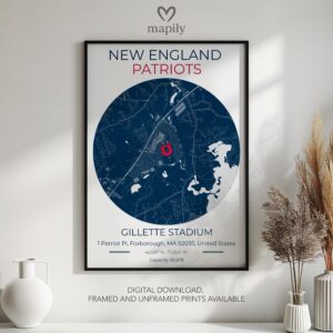 Tasteful art piece New England Patriots Stadium Map, created to celebrate location and memory