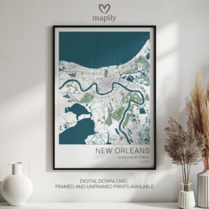 Framed and refined artwork of New Orleans Map, designed for stylish interiors