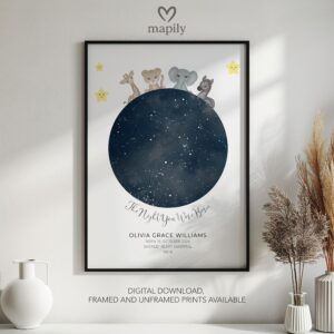 Sophisticated star alignment artwork Night You Were Born, perfect for celebrating life’s milestones