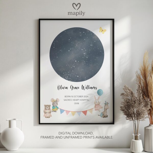 Personalised night sky print from Welcome to the World Star Map, framed for thoughtful decor