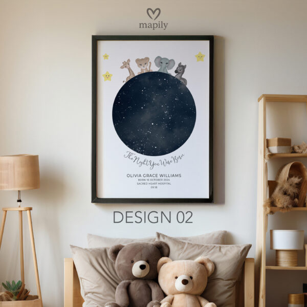 Custom star chart print showcasing the stars above Night You Were Born, perfect for gifting