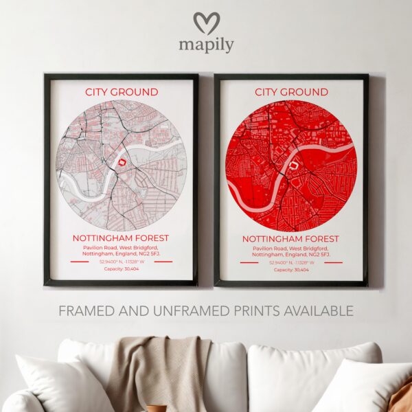 Tasteful art piece Nottingham Forest Stadium Map, created to celebrate location and memory