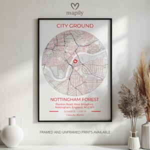 Subtle yet impactful design print Nottingham Forest Stadium Map, highlighting place and meaning