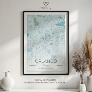 Striking graphic representation of Orlando Map, designed to complement modern decor