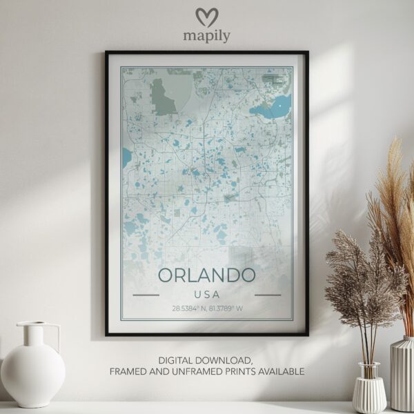 Striking graphic representation of Orlando Map, designed to complement modern decor