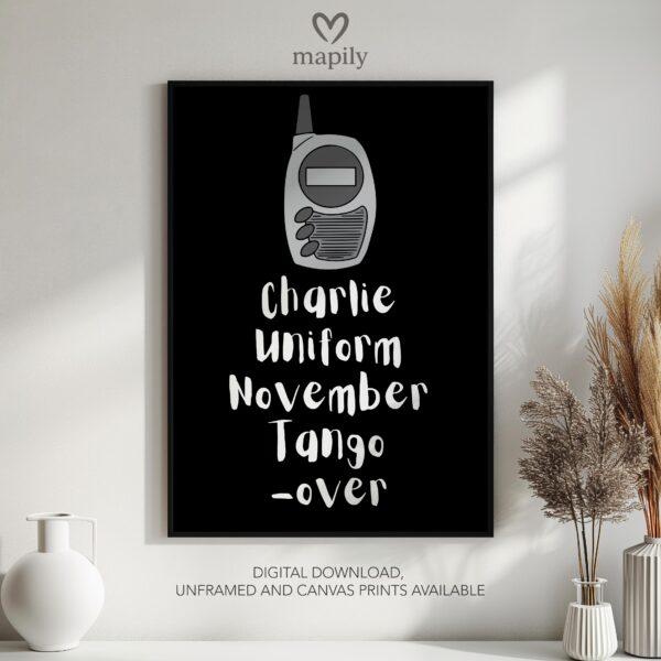 Refined text-based wall art Charlie Uniform November Tango Over, ideal for creating a focal point in neutral interiors