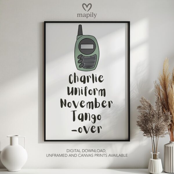 Framed modern wall art Charlie Uniform November Tango Over, perfect for those who love bold and expressive interiors