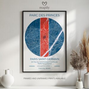 Striking graphic representation of PSG Stadium Map, designed to complement modern decor