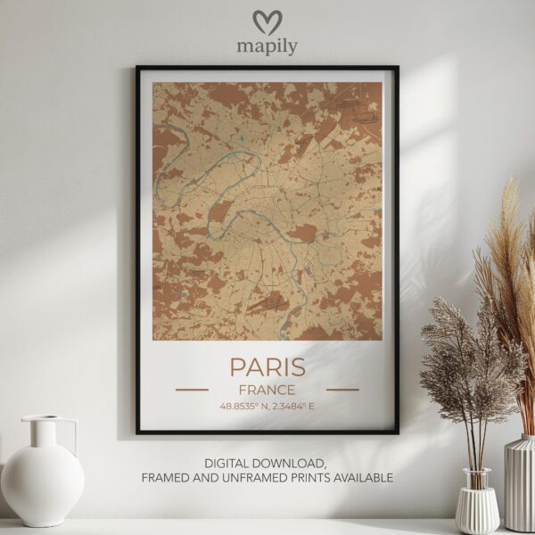Contemporary print featuring Paris City Map, designed for stylish living spaces