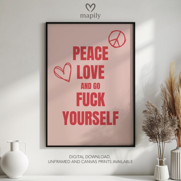 Monochrome text-based print with a refined and timeless look Peace Love, adding sophistication to any space
