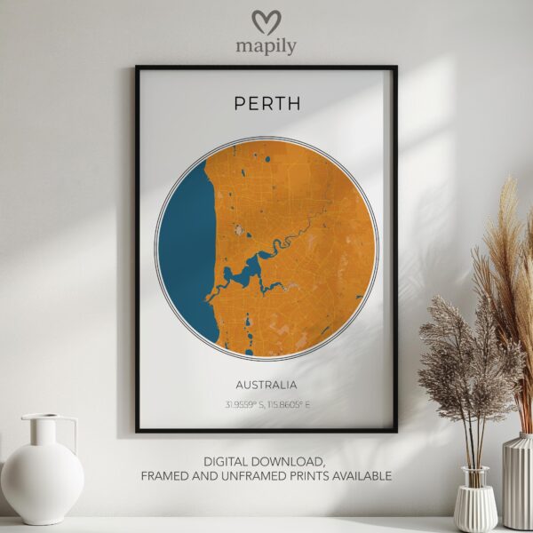 Clean layout print featuring Perth Map Poster, ideal for modern living spaces