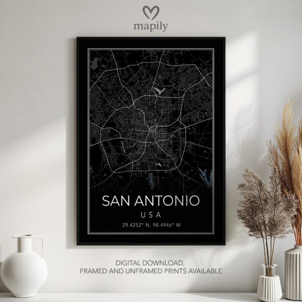 Refined and minimalist wall art of San Antonio Map, suitable for every design taste