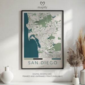 Modern wall art design featuring San Diego Map, created with clean lines and style