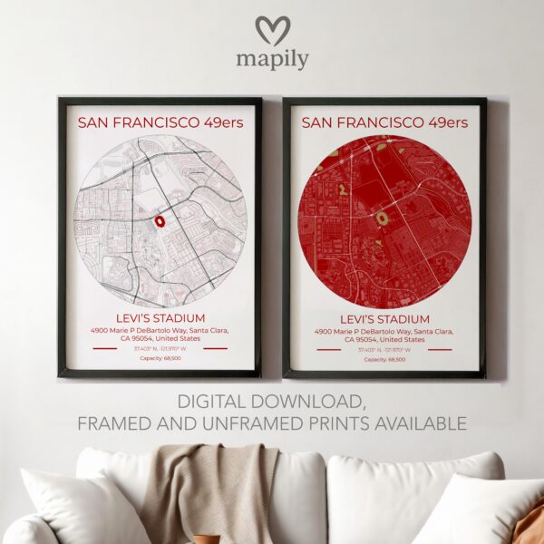 Framed art print featuring San Francisco 49ers Stadium Map, offering a balance of simplicity and sentiment