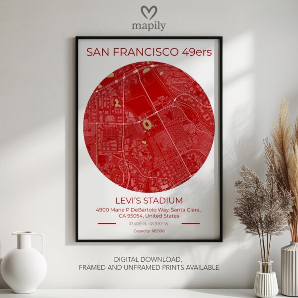 Framed and refined artwork of San Francisco 49ers Stadium Map, designed for stylish interiors